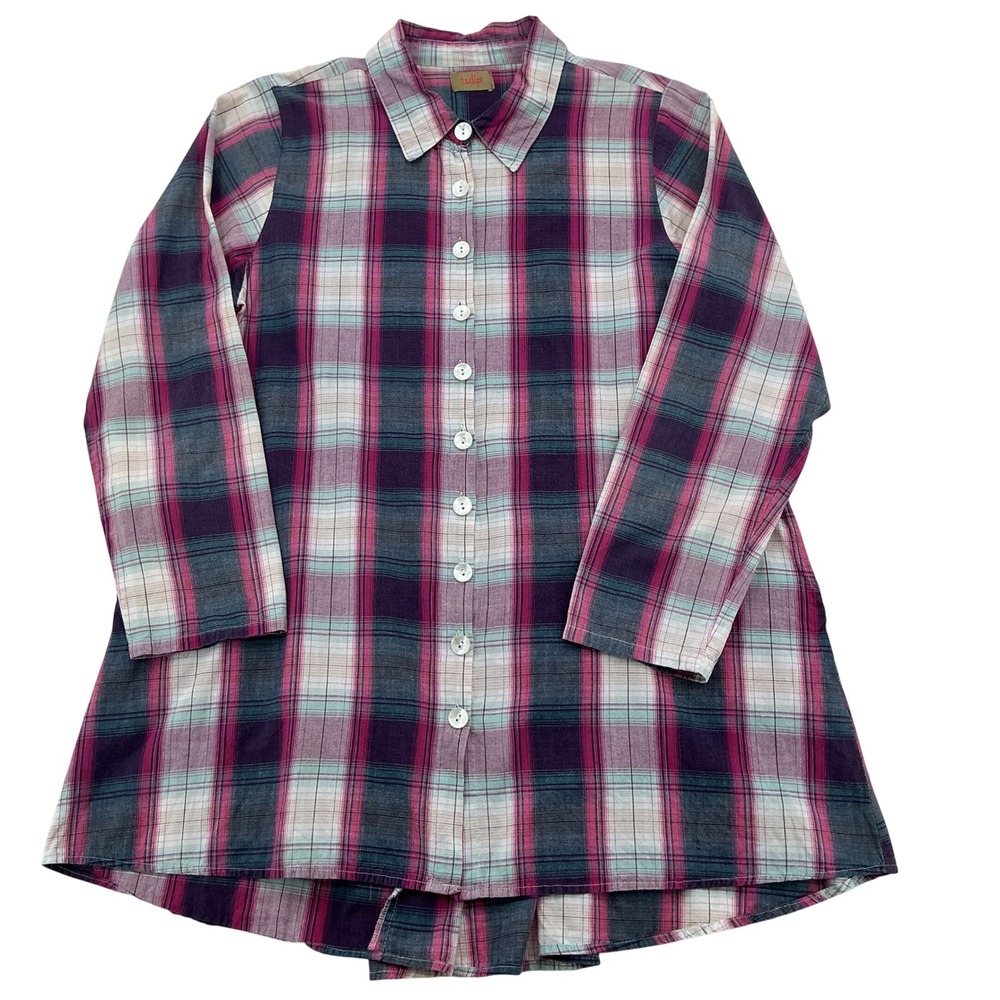 Tulip Plaid Tunic Womens M Pink Purple Cotton Pleated Back Lagenlook Boho